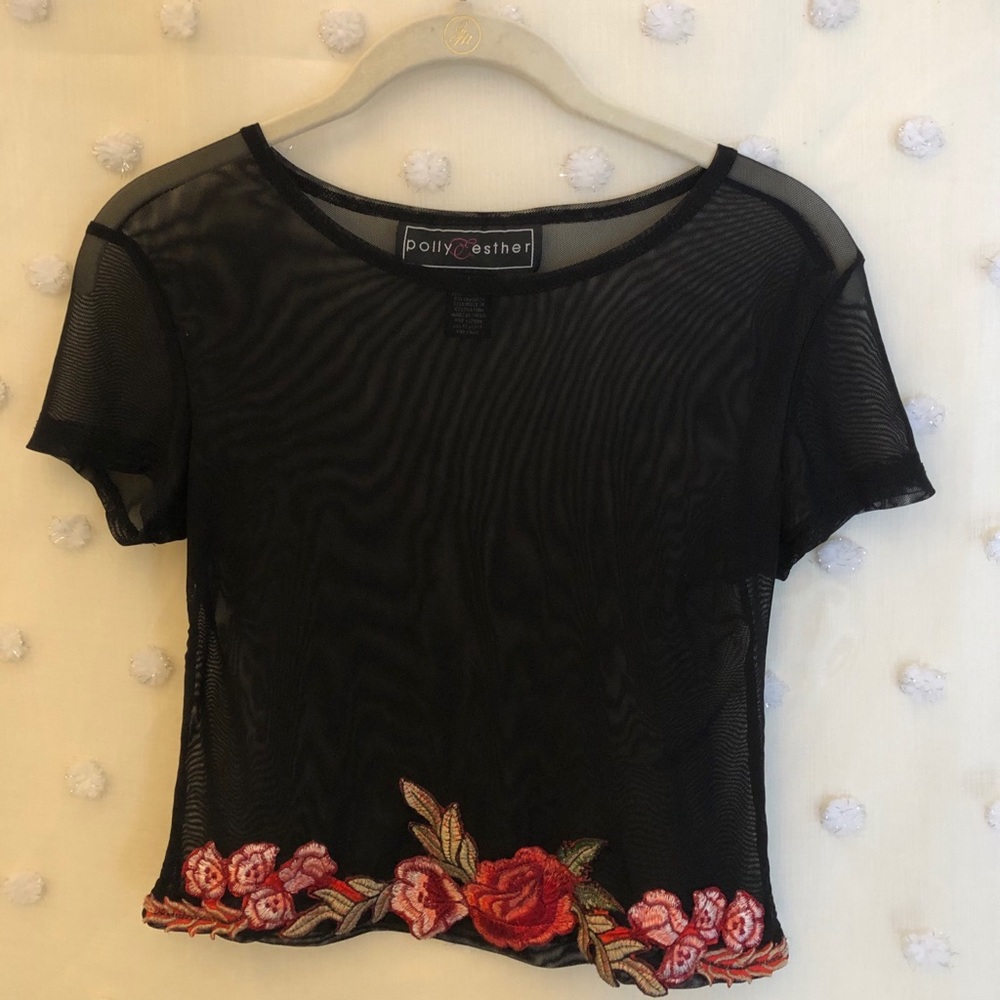 Polly & Esther black layering top with floral trim